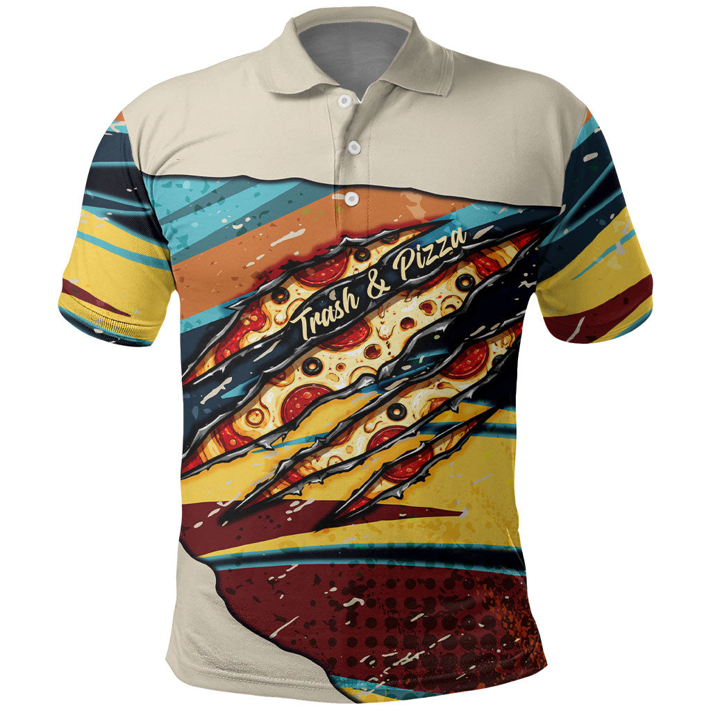 Skateboarding Raccoon Eating Pizza Polo Shirt Retro Cartoon Skating Claw Rip Grunge Aesthetic