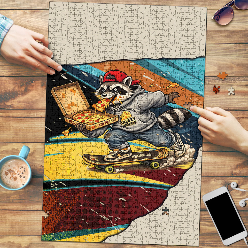 Skateboarding Raccoon Eating Pizza Puzzle Retro Cartoon Skating Claw Rip Grunge Aesthetic