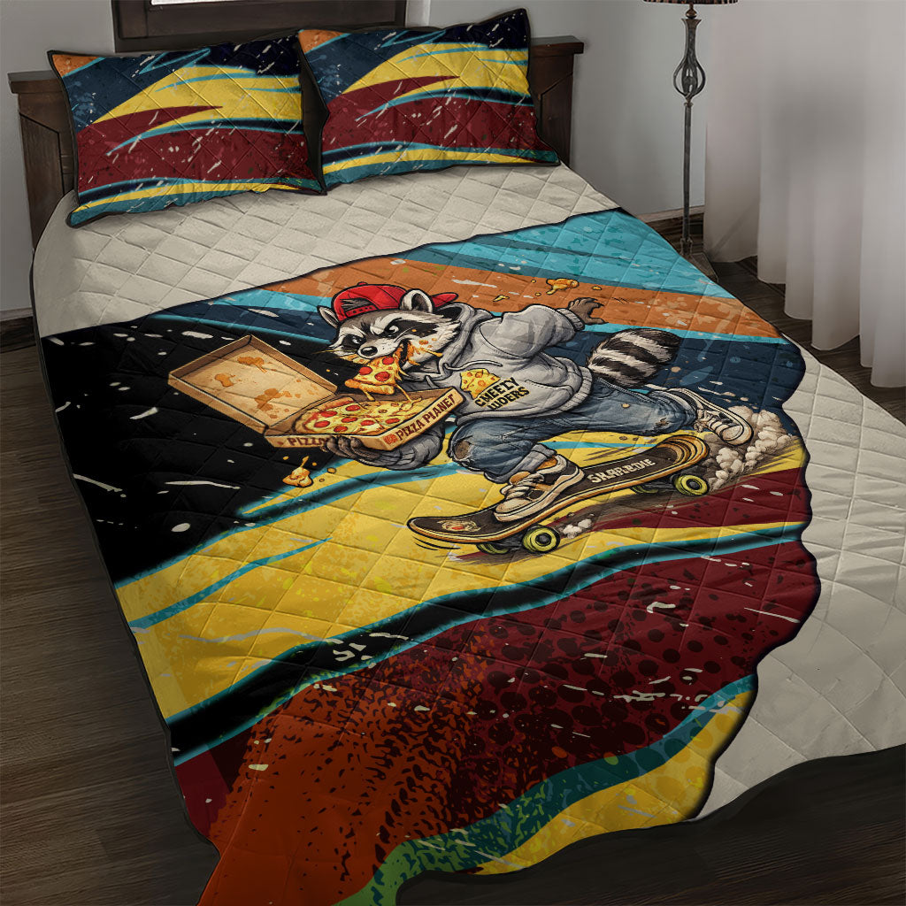 Skateboarding Raccoon Eating Pizza Quilt Bed Set Retro Cartoon Skating Claw Rip Grunge Aesthetic