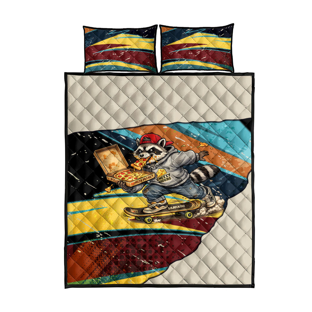 Skateboarding Raccoon Eating Pizza Quilt Bed Set Retro Cartoon Skating Claw Rip Grunge Aesthetic
