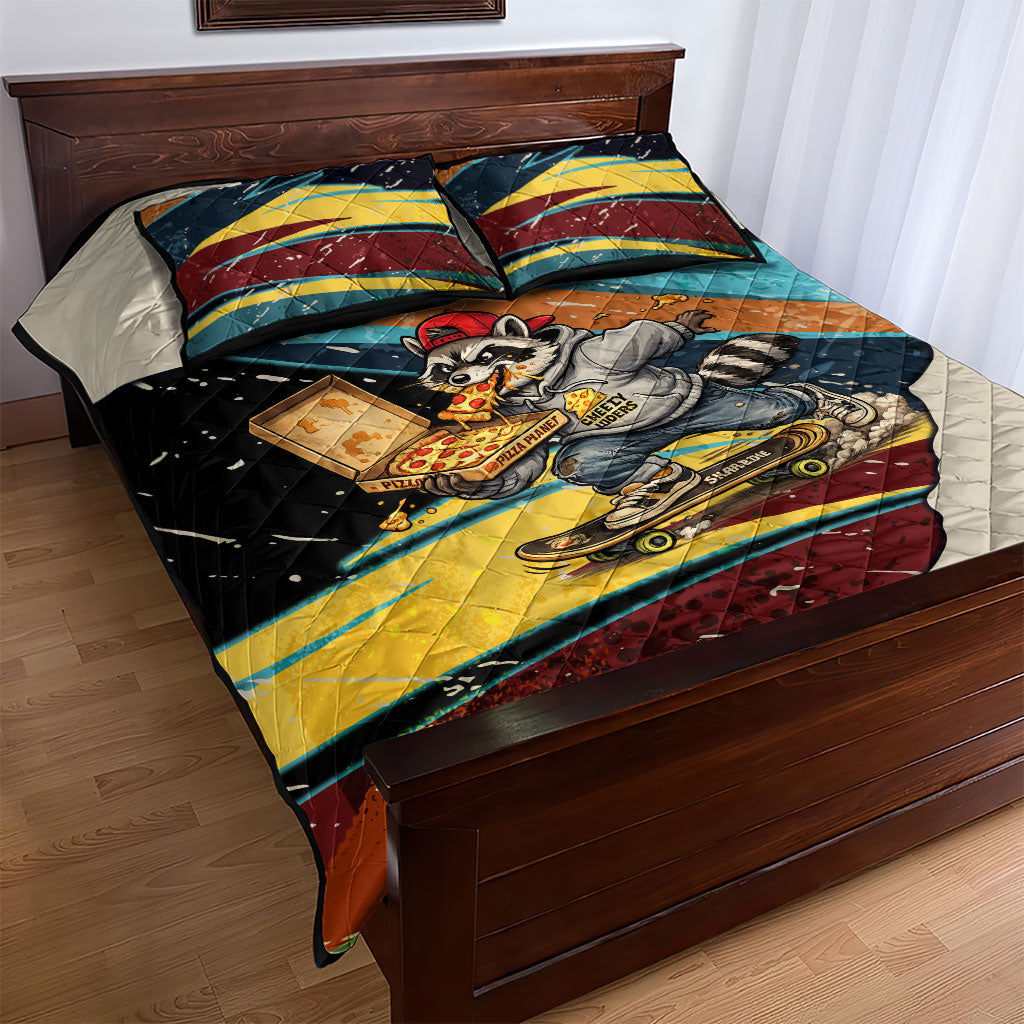 Skateboarding Raccoon Eating Pizza Quilt Bed Set Retro Cartoon Skating Claw Rip Grunge Aesthetic
