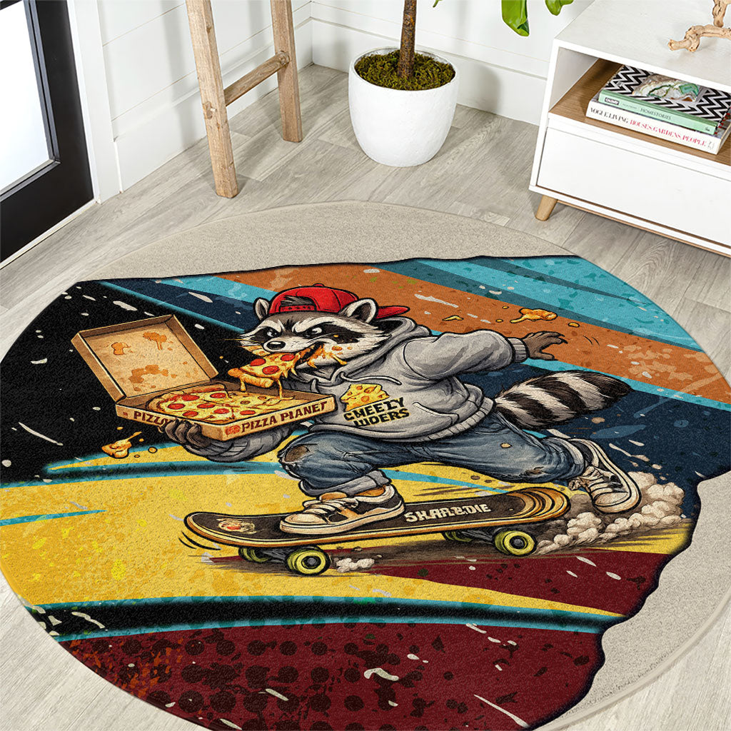 Skateboarding Raccoon Eating Pizza Round Carpet Retro Cartoon Skating Claw Rip Grunge Aesthetic