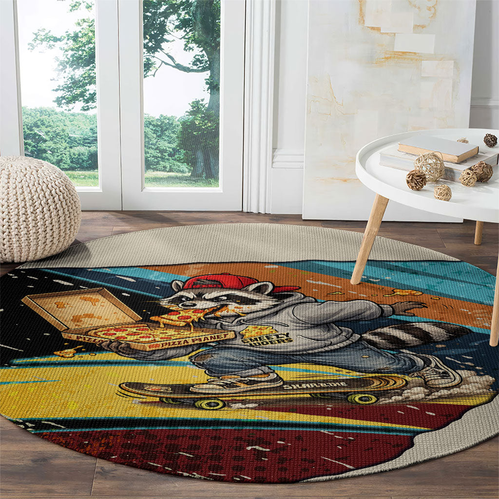 Skateboarding Raccoon Eating Pizza Round Carpet Retro Cartoon Skating Claw Rip Grunge Aesthetic