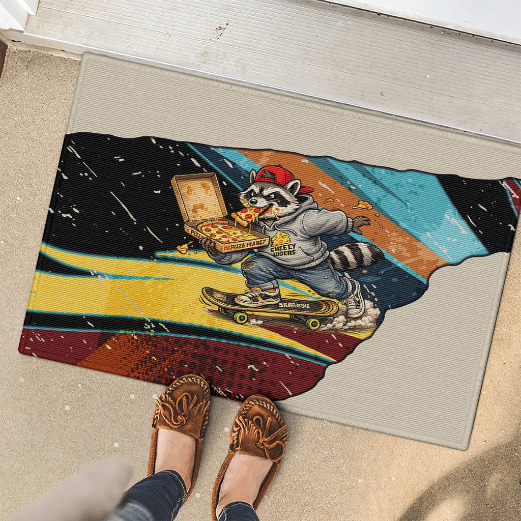 Skateboarding Raccoon Eating Pizza Rubber Doormat Retro Cartoon Skating Claw Rip Grunge Aesthetic
