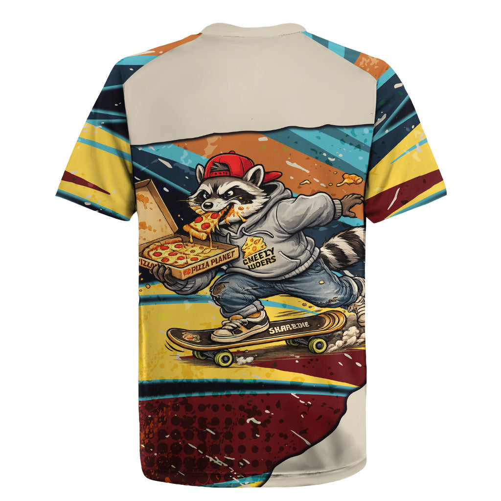 Skateboarding Raccoon Eating Pizza Rugby Jersey Retro Cartoon Skating Claw Rip Grunge Aesthetic