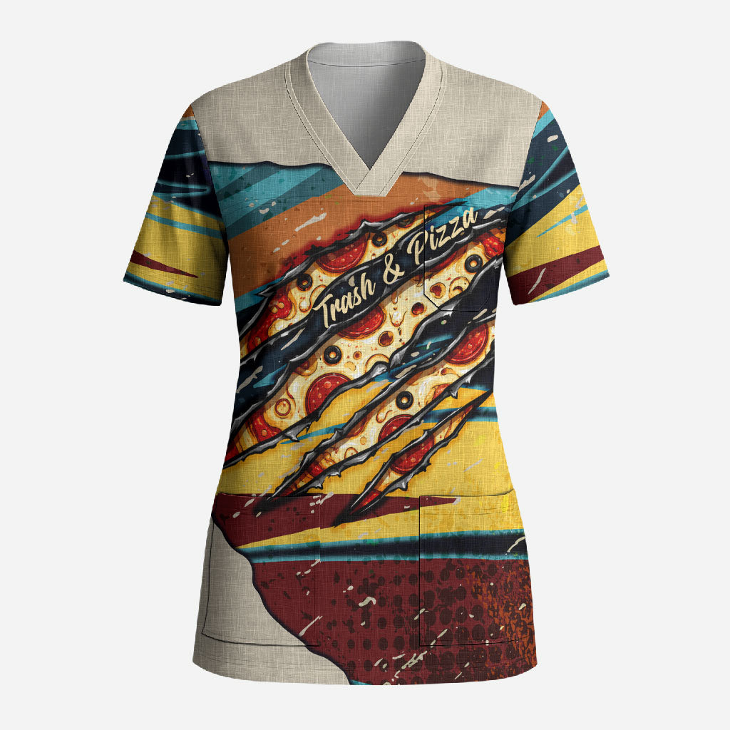 Skateboarding Raccoon Eating Pizza Scrub Top Retro Cartoon Skating Claw Rip Grunge Aesthetic
