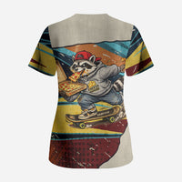 Skateboarding Raccoon Eating Pizza Scrub Top Retro Cartoon Skating Claw Rip Grunge Aesthetic