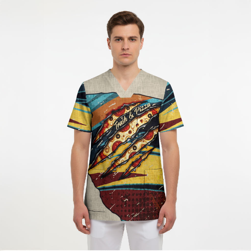 Skateboarding Raccoon Eating Pizza Scrub Top Retro Cartoon Skating Claw Rip Grunge Aesthetic