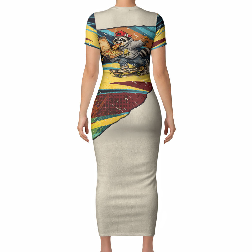 Skateboarding Raccoon Eating Pizza Short Sleeve Bodycon Dress Retro Cartoon Skating Claw Rip Grunge Aesthetic