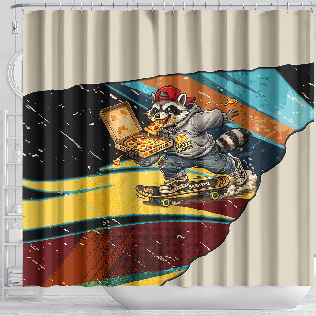 Skateboarding Raccoon Eating Pizza Shower Curtain Retro Cartoon Skating Claw Rip Grunge Aesthetic