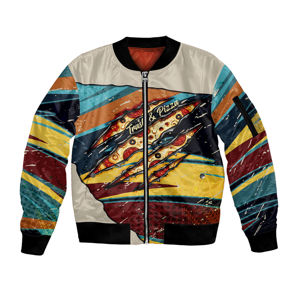 Skateboarding Raccoon Eating Pizza Sleeve Zip Bomber Jacket Retro Cartoon Skating Claw Rip Grunge Aesthetic