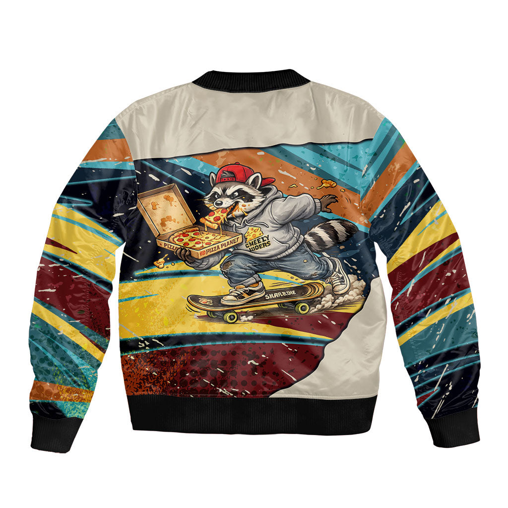 Skateboarding Raccoon Eating Pizza Sleeve Zip Bomber Jacket Retro Cartoon Skating Claw Rip Grunge Aesthetic