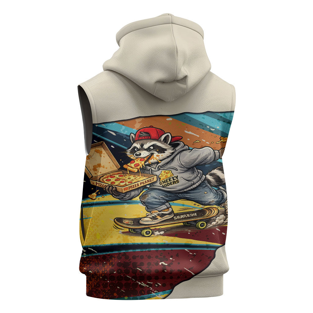 Skateboarding Raccoon Eating Pizza Sleeveless Hoodie Retro Cartoon Skating Claw Rip Grunge Aesthetic