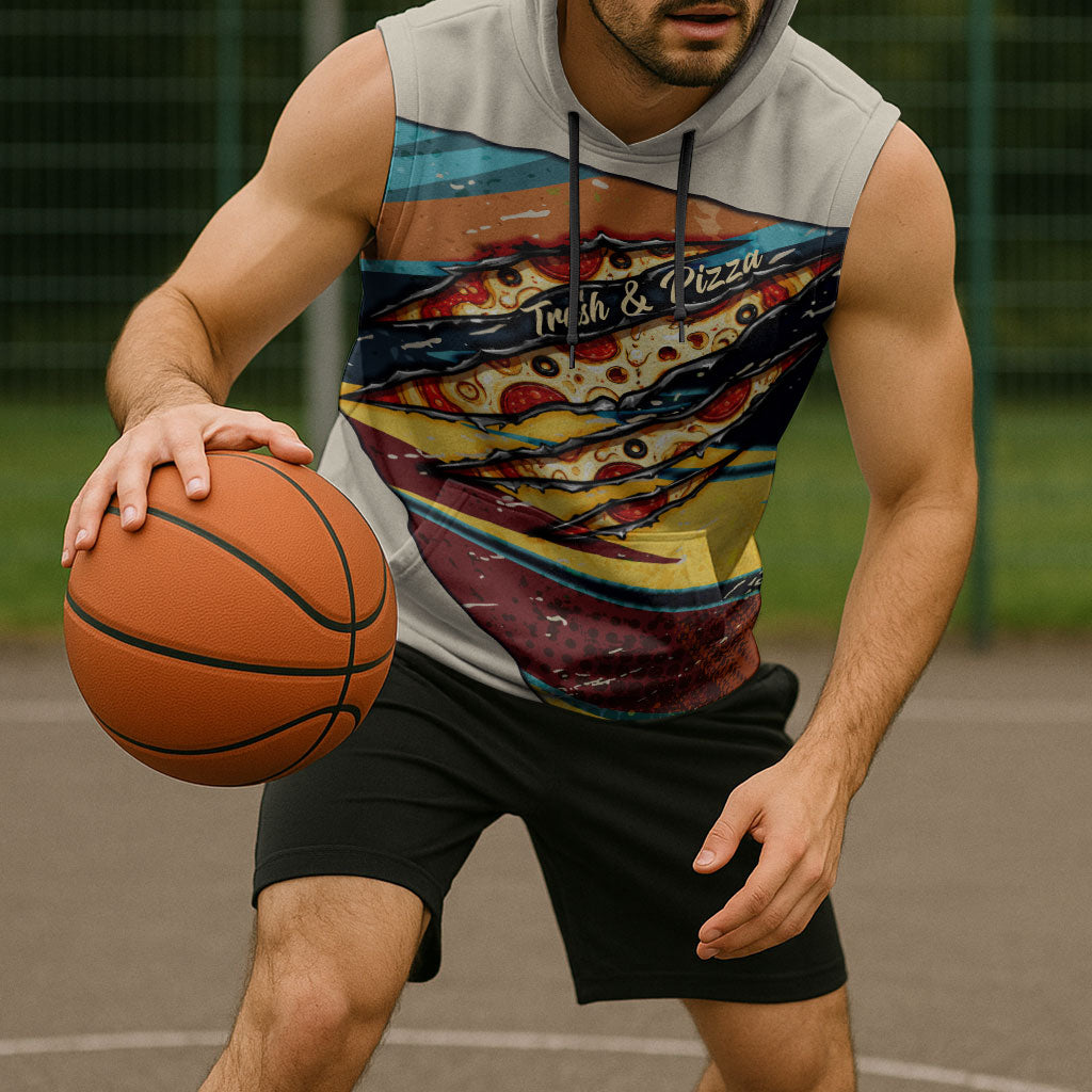 Skateboarding Raccoon Eating Pizza Sleeveless Hoodie Retro Cartoon Skating Claw Rip Grunge Aesthetic