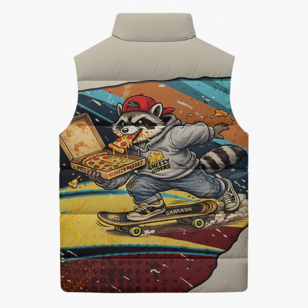 Skateboarding Raccoon Eating Pizza Sleeveless Puffer Jacket Retro Cartoon Skating Claw Rip Grunge Aesthetic
