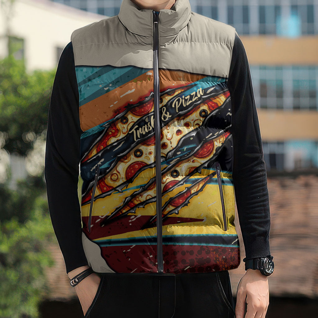 Skateboarding Raccoon Eating Pizza Sleeveless Puffer Jacket Retro Cartoon Skating Claw Rip Grunge Aesthetic