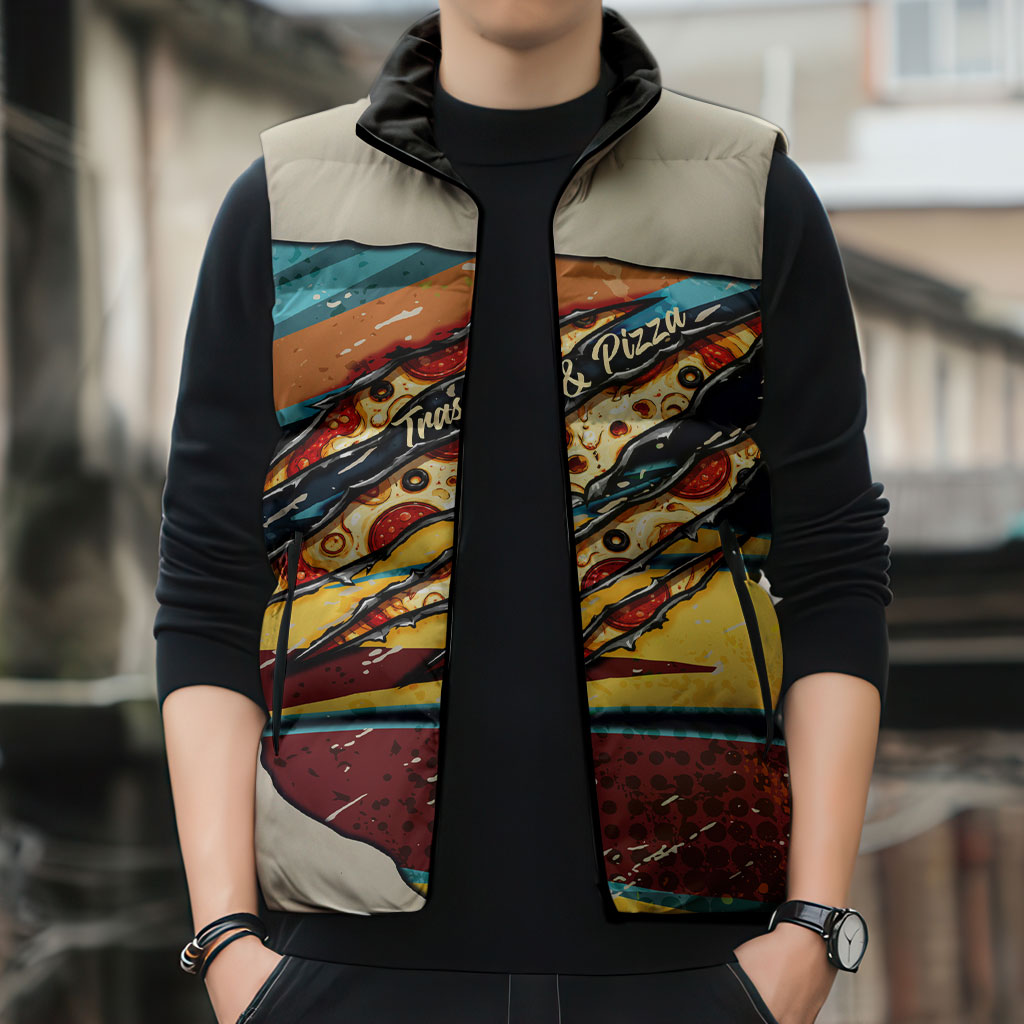 Skateboarding Raccoon Eating Pizza Sleeveless Puffer Jacket Retro Cartoon Skating Claw Rip Grunge Aesthetic