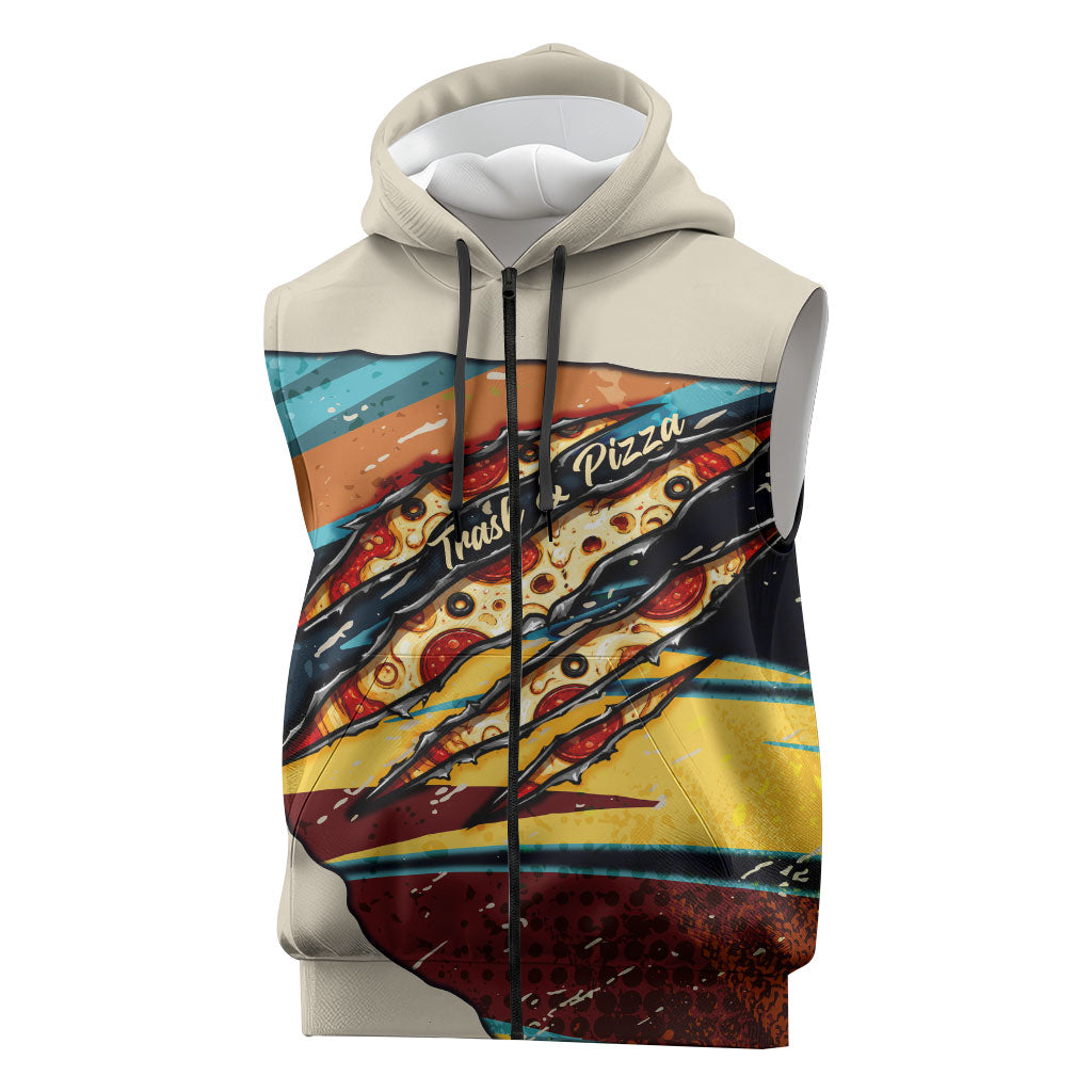Skateboarding Raccoon Eating Pizza Sleeveless Zip Hoodie Retro Cartoon Skating Claw Rip Grunge Aesthetic