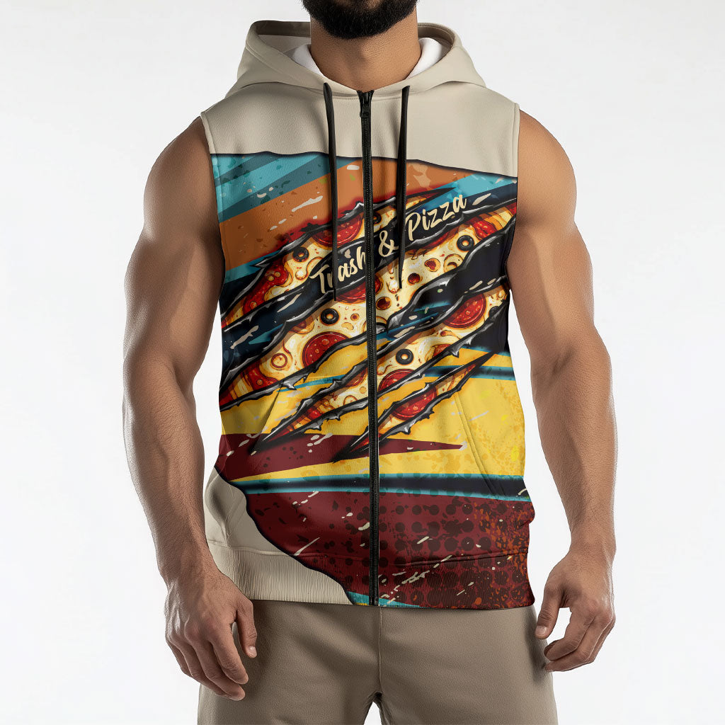 Skateboarding Raccoon Eating Pizza Sleeveless Zip Hoodie Retro Cartoon Skating Claw Rip Grunge Aesthetic