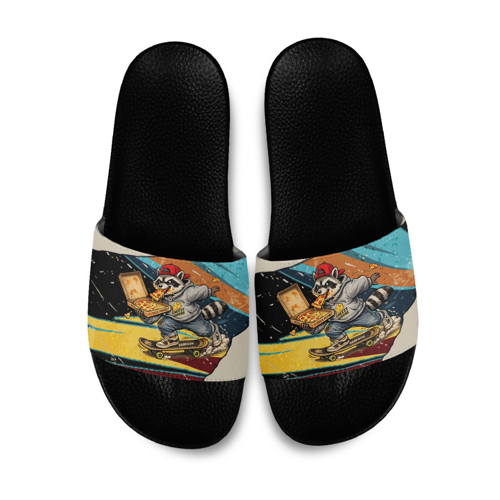 Skateboarding Raccoon Eating Pizza Slide Sandals Retro Cartoon Skating Claw Rip Grunge Aesthetic