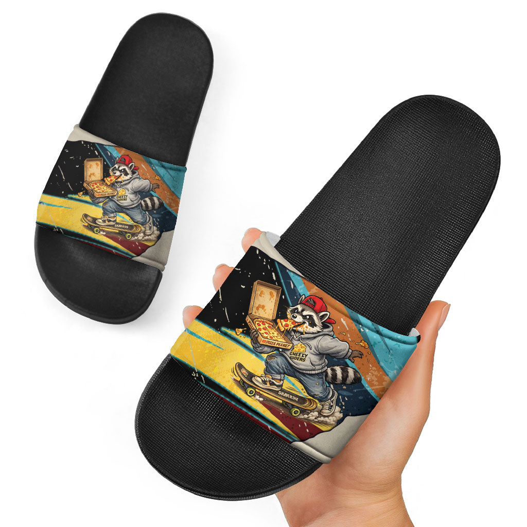 Skateboarding Raccoon Eating Pizza Slide Sandals Retro Cartoon Skating Claw Rip Grunge Aesthetic