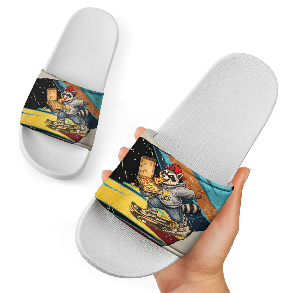 Skateboarding Raccoon Eating Pizza Slide Sandals Retro Cartoon Skating Claw Rip Grunge Aesthetic