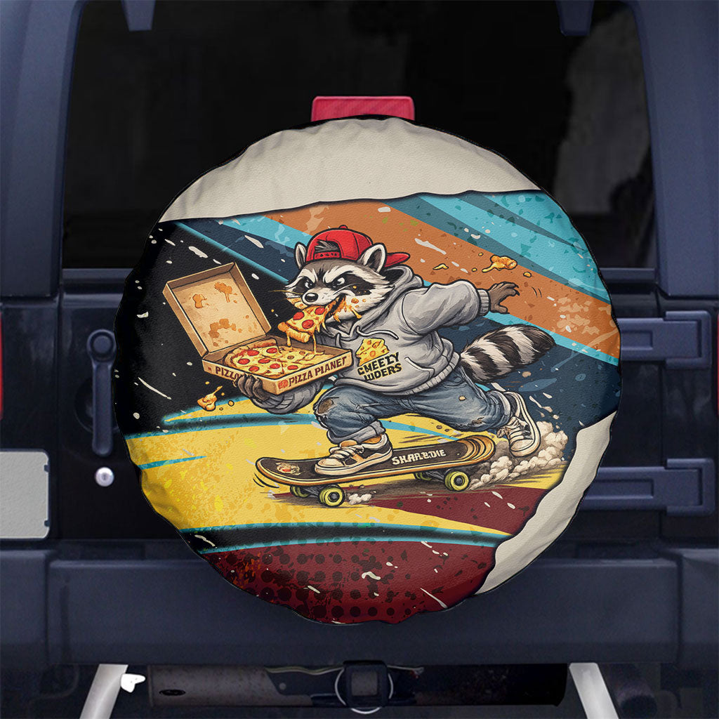 Skateboarding Raccoon Eating Pizza Spare Tire Cover Retro Cartoon Skating Claw Rip Grunge Aesthetic