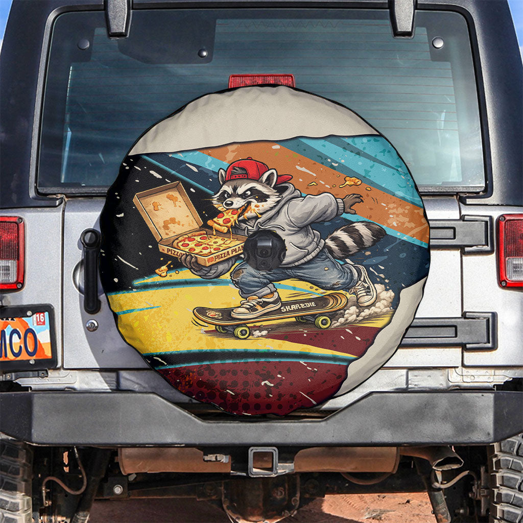 Skateboarding Raccoon Eating Pizza Spare Tire Cover Retro Cartoon Skating Claw Rip Grunge Aesthetic