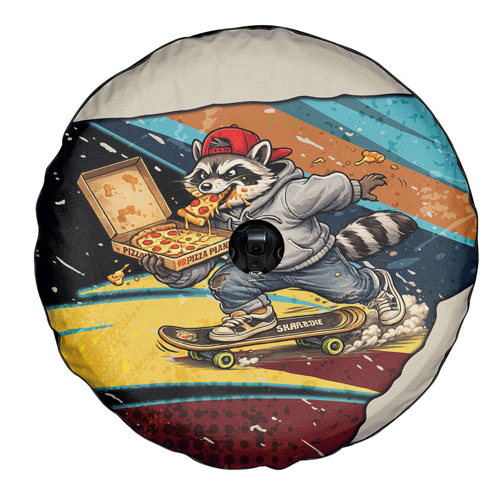Skateboarding Raccoon Eating Pizza Spare Tire Cover Retro Cartoon Skating Claw Rip Grunge Aesthetic