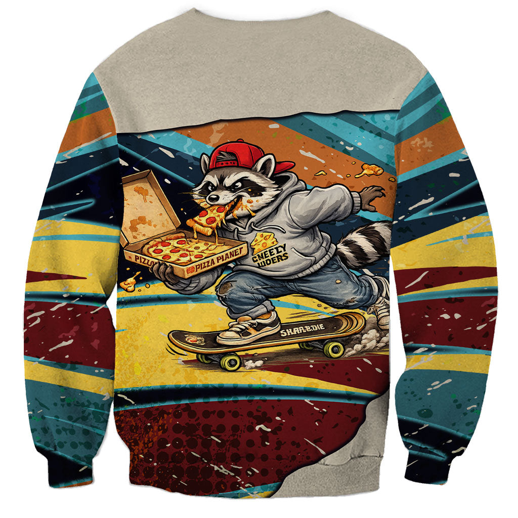 Skateboarding Raccoon Eating Pizza Sweatshirt Retro Cartoon Skating Claw Rip Grunge Aesthetic