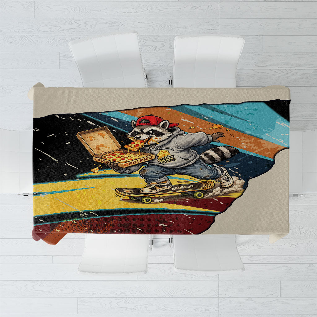 Skateboarding Raccoon Eating Pizza Tablecloth Retro Cartoon Skating Claw Rip Grunge Aesthetic