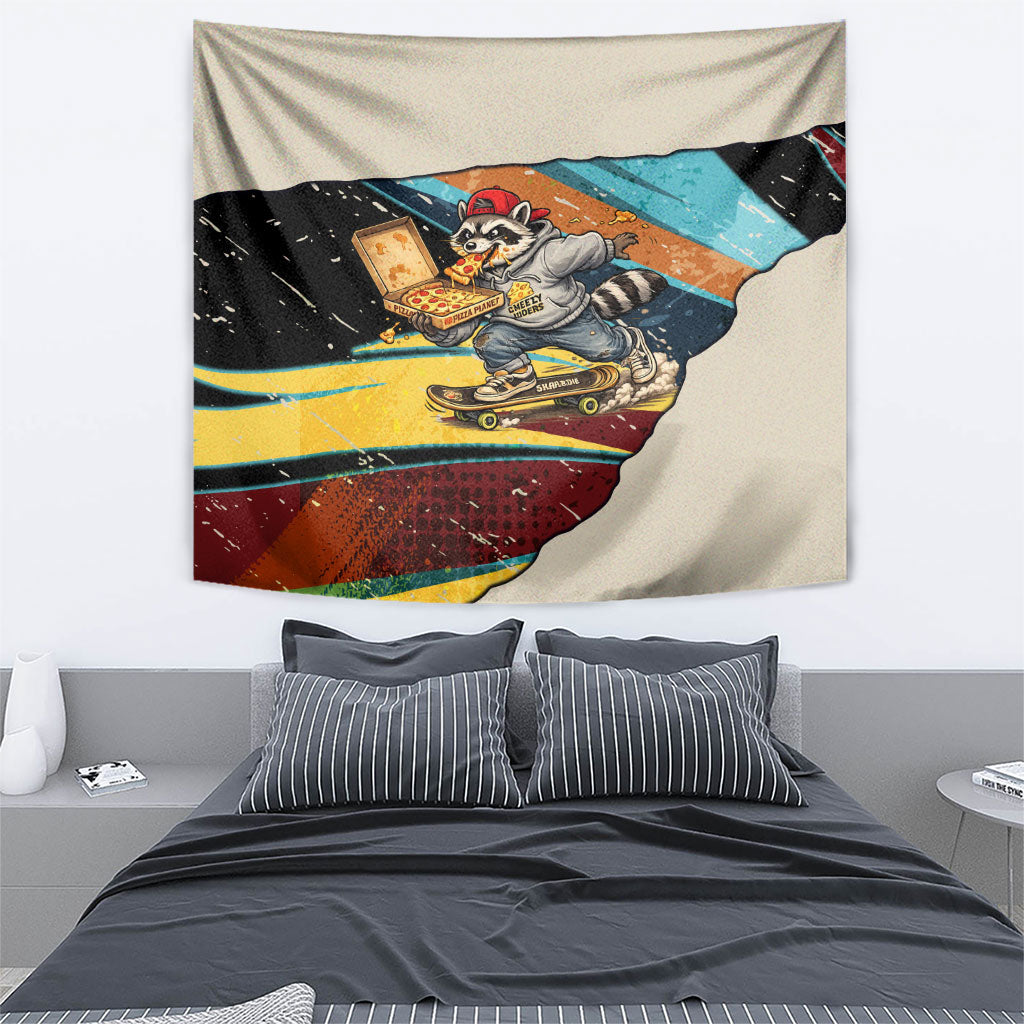 Skateboarding Raccoon Eating Pizza Tapestry Retro Cartoon Skating Claw Rip Grunge Aesthetic