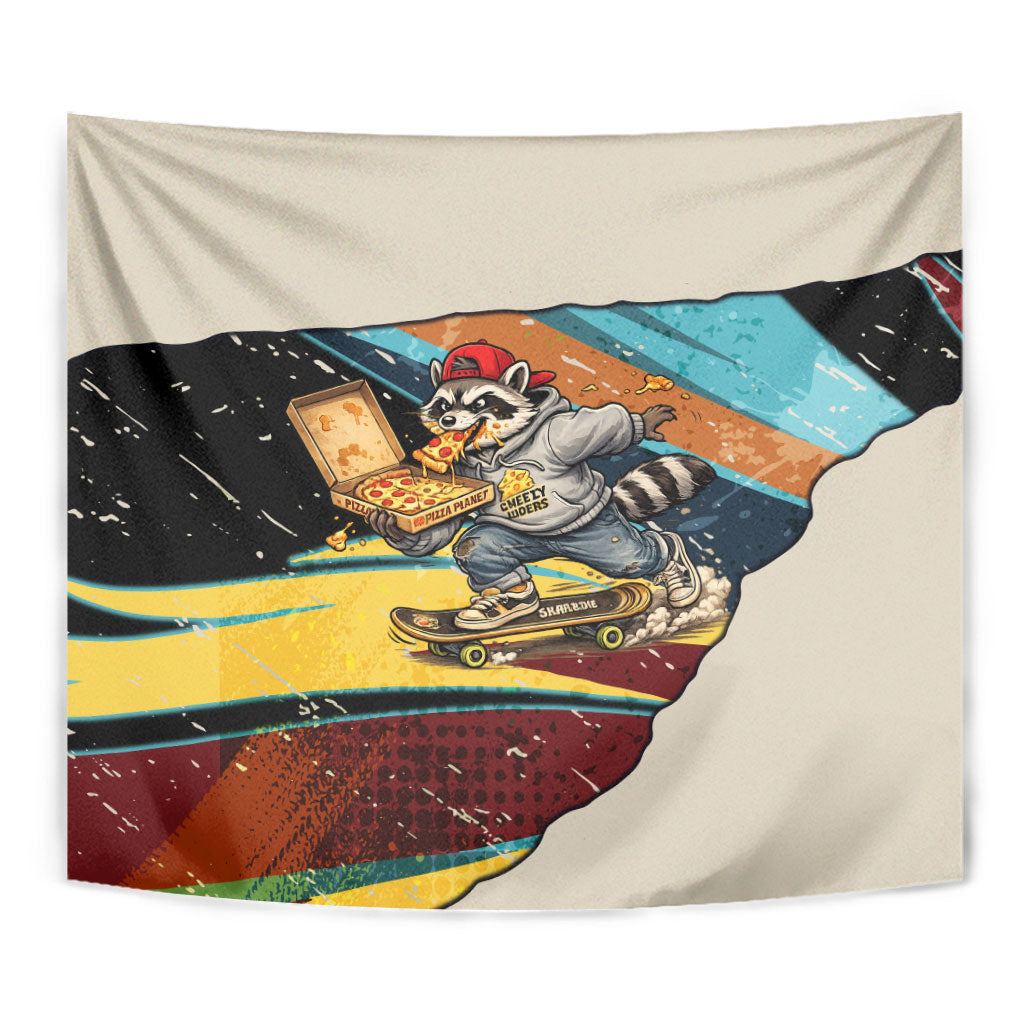 Skateboarding Raccoon Eating Pizza Tapestry Retro Cartoon Skating Claw Rip Grunge Aesthetic