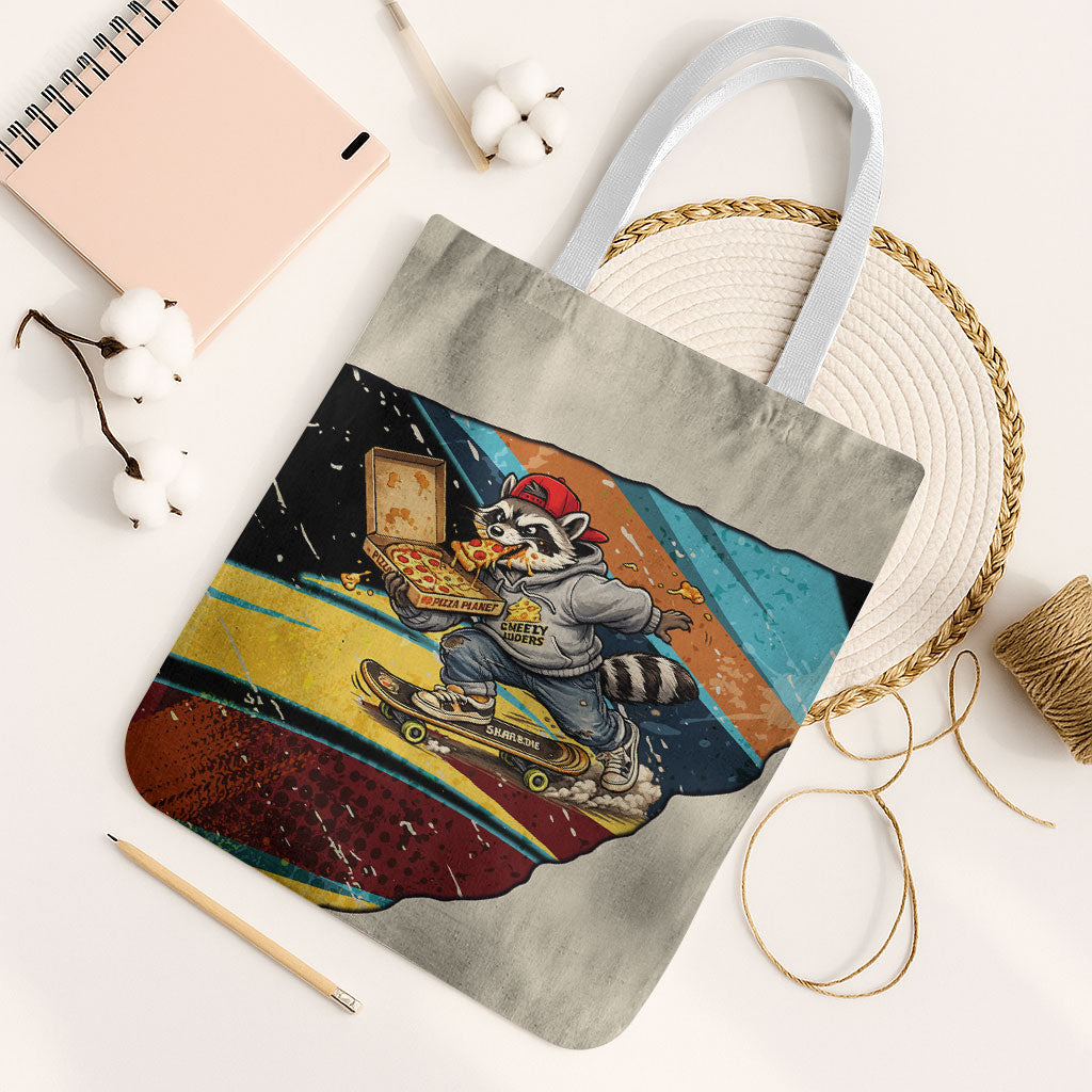 Skateboarding Raccoon Eating Pizza Tote Bag Retro Cartoon Skating Claw Rip Grunge Aesthetic
