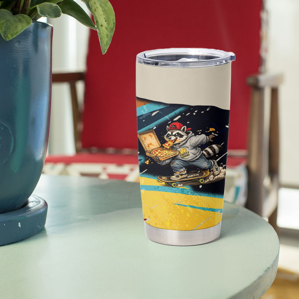 Skateboarding Raccoon Eating Pizza Tumbler Cup Retro Cartoon Skating Claw Rip Grunge Aesthetic