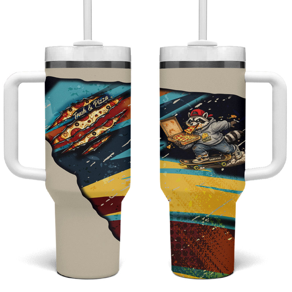 Skateboarding Raccoon Eating Pizza Tumbler With Handle Retro Cartoon Skating Claw Rip Grunge Aesthetic