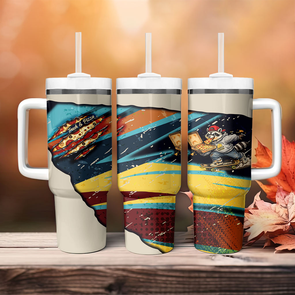 Skateboarding Raccoon Eating Pizza Tumbler With Handle Retro Cartoon Skating Claw Rip Grunge Aesthetic