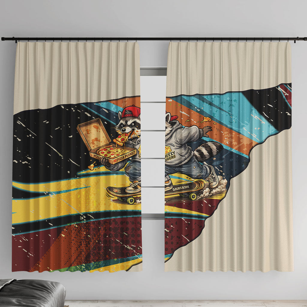 Skateboarding Raccoon Eating Pizza Window Curtain Retro Cartoon Skating Claw Rip Grunge Aesthetic