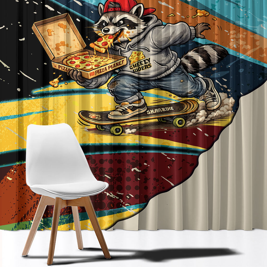 Skateboarding Raccoon Eating Pizza Window Curtain Retro Cartoon Skating Claw Rip Grunge Aesthetic
