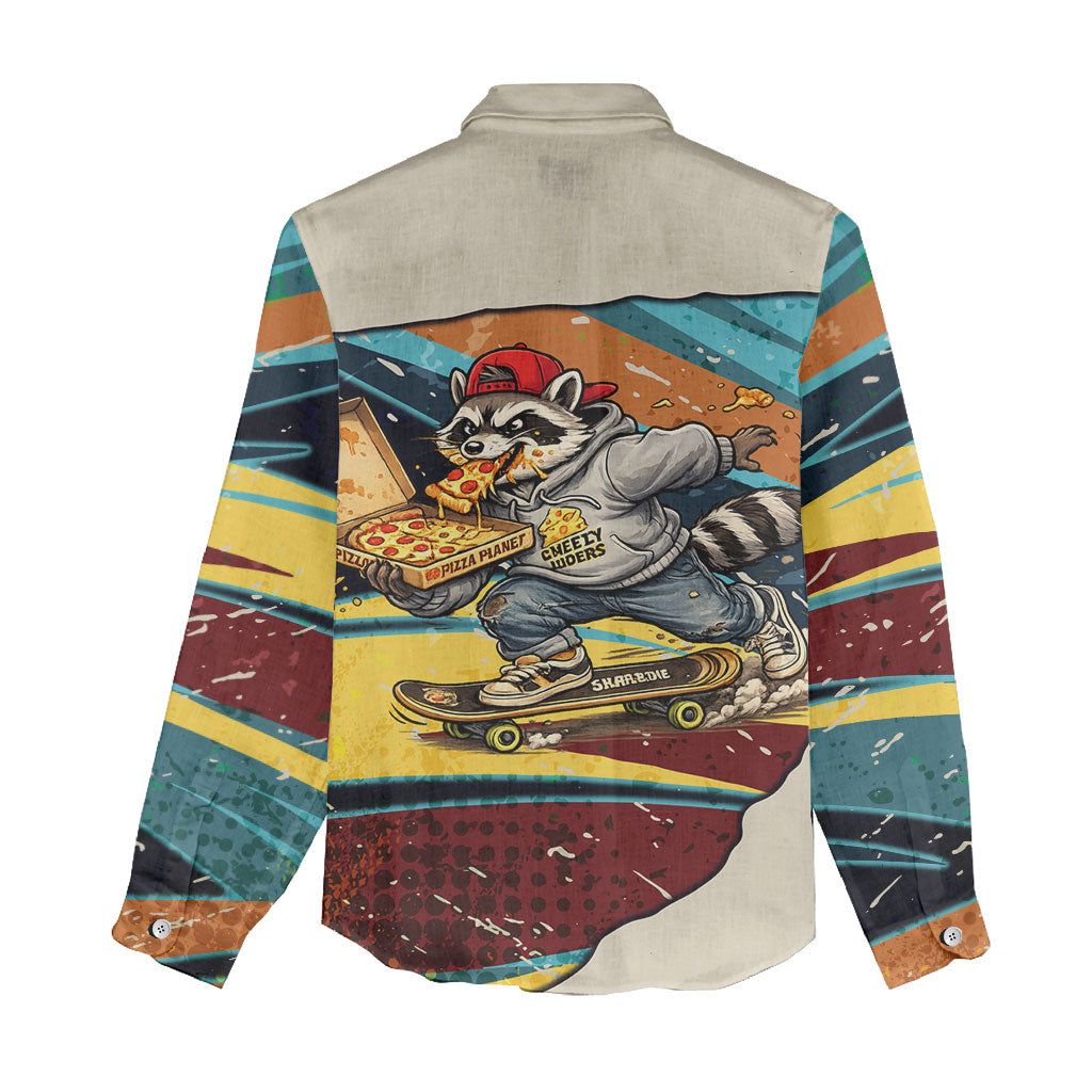 Skateboarding Raccoon Eating Pizza Women Casual Shirt Retro Cartoon Skating Claw Rip Grunge Aesthetic
