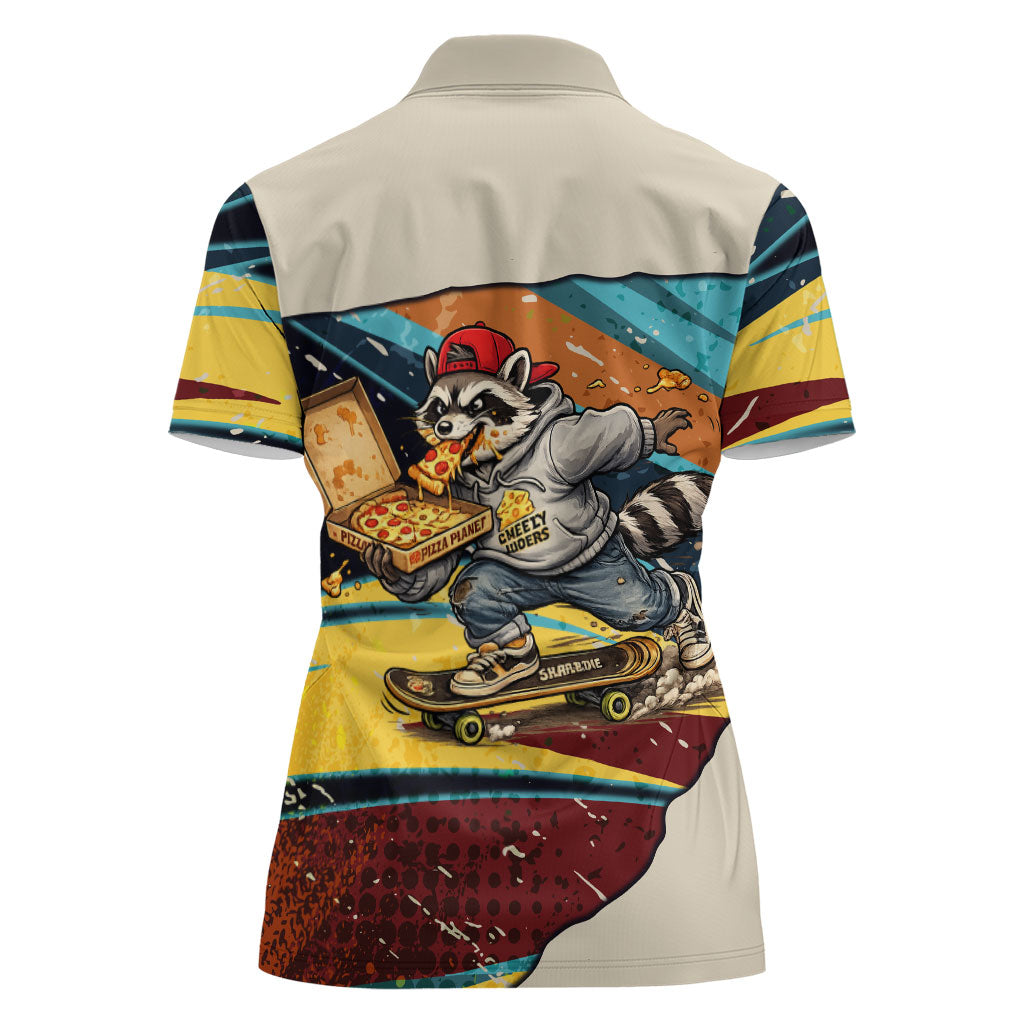 Skateboarding Raccoon Eating Pizza Women Polo Shirt Retro Cartoon Skating Claw Rip Grunge Aesthetic
