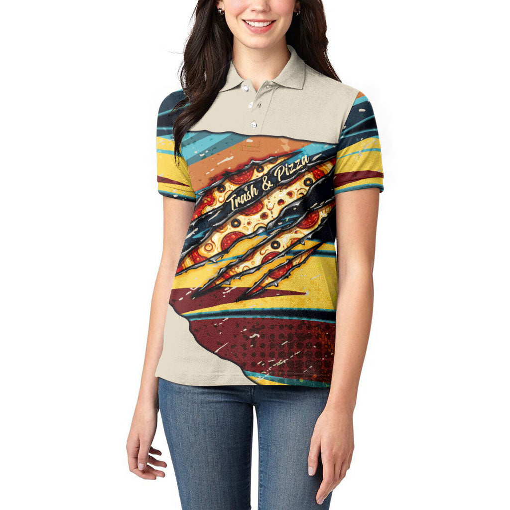 Skateboarding Raccoon Eating Pizza Women Polo Shirt Retro Cartoon Skating Claw Rip Grunge Aesthetic