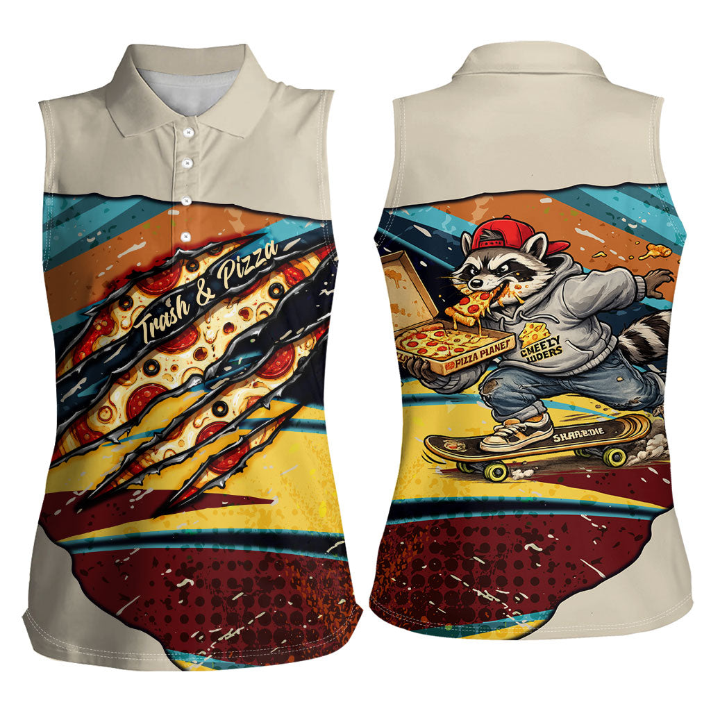 Skateboarding Raccoon Eating Pizza Women Sleeveless Polo Shirt Retro Cartoon Skating Claw Rip Grunge Aesthetic