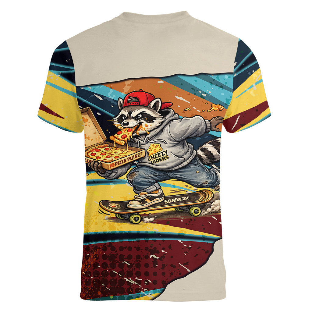 Skateboarding Raccoon Eating Pizza Women V-Neck T-Shirt Retro Cartoon Skating Claw Rip Grunge Aesthetic