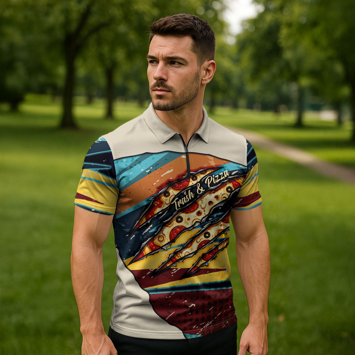 Skateboarding Raccoon Eating Pizza Zipper Polo Shirt Retro Cartoon Skating Claw Rip Grunge Aesthetic