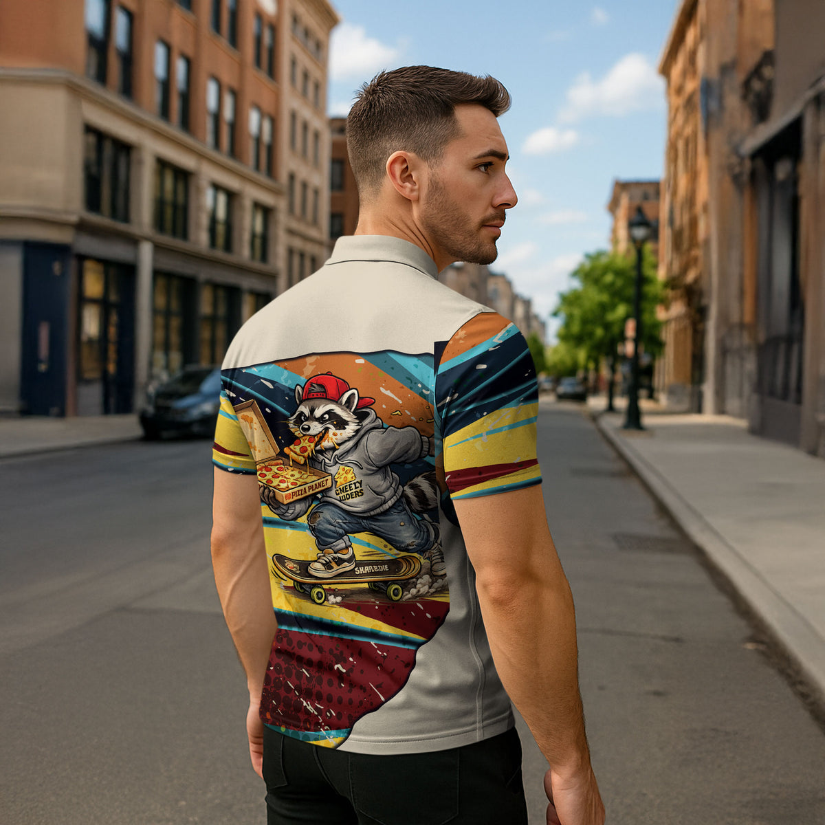 Skateboarding Raccoon Eating Pizza Zipper Polo Shirt Retro Cartoon Skating Claw Rip Grunge Aesthetic