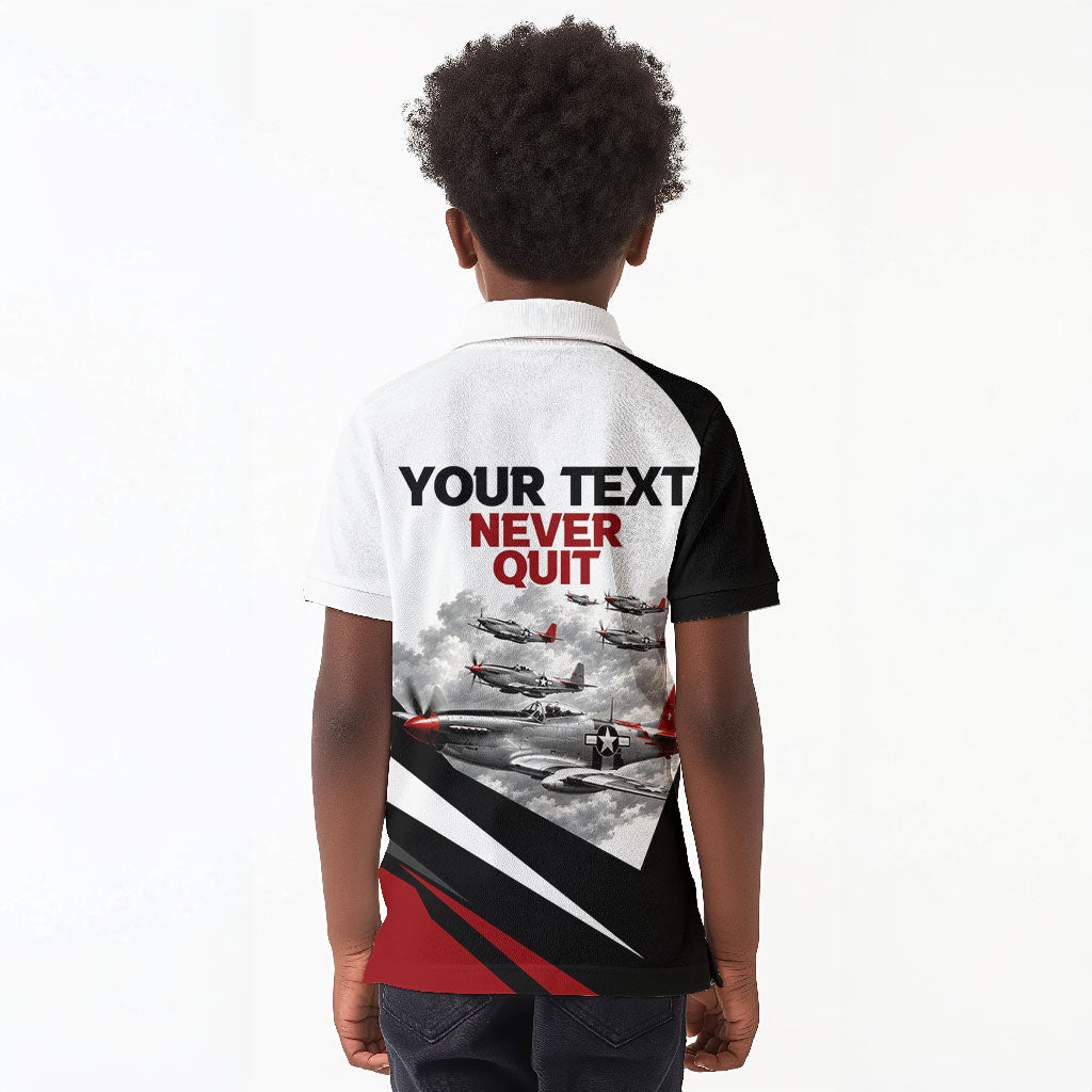 Personalized Tuskegee Airmen Kid Polo Shirt Red Tails P-51 Mustang WWII Aviation Never Quit