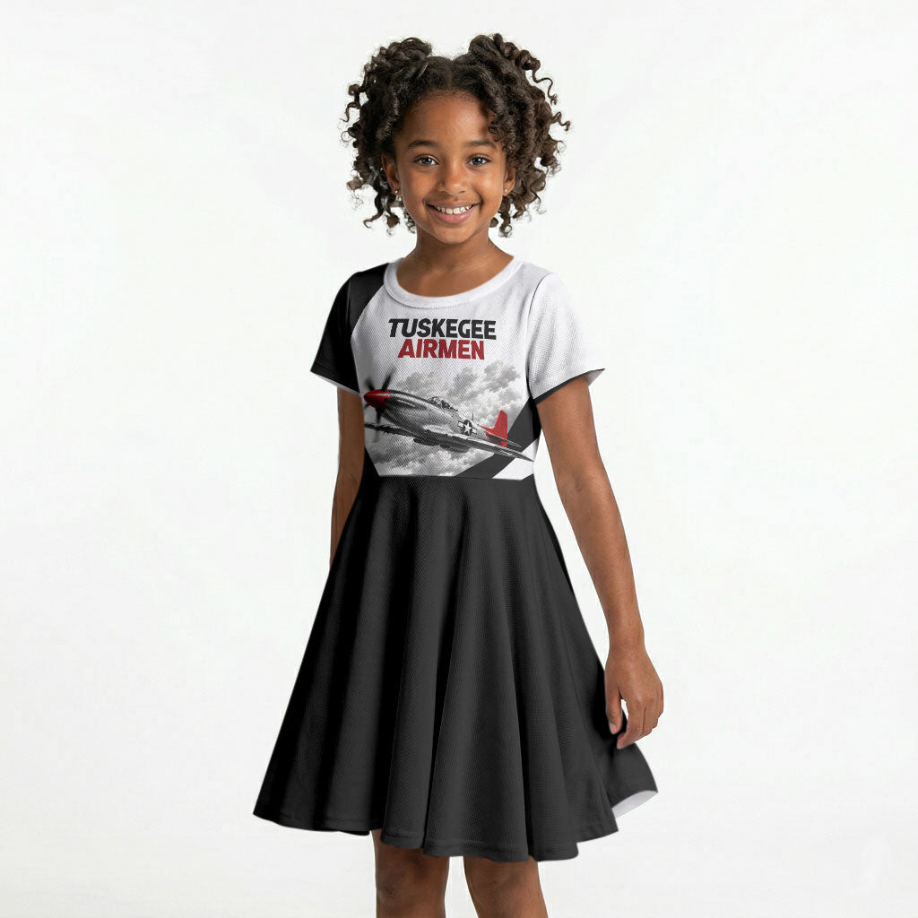 Personalized Tuskegee Airmen Kid Short Sleeve Dress Red Tails P-51 Mustang WWII Aviation Never Quit