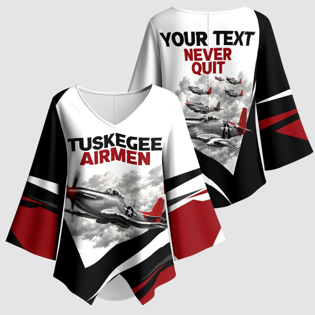 Personalized Tuskegee Airmen Kimono Sleeve Blouse Red Tails P-51 Mustang WWII Aviation Never Quit