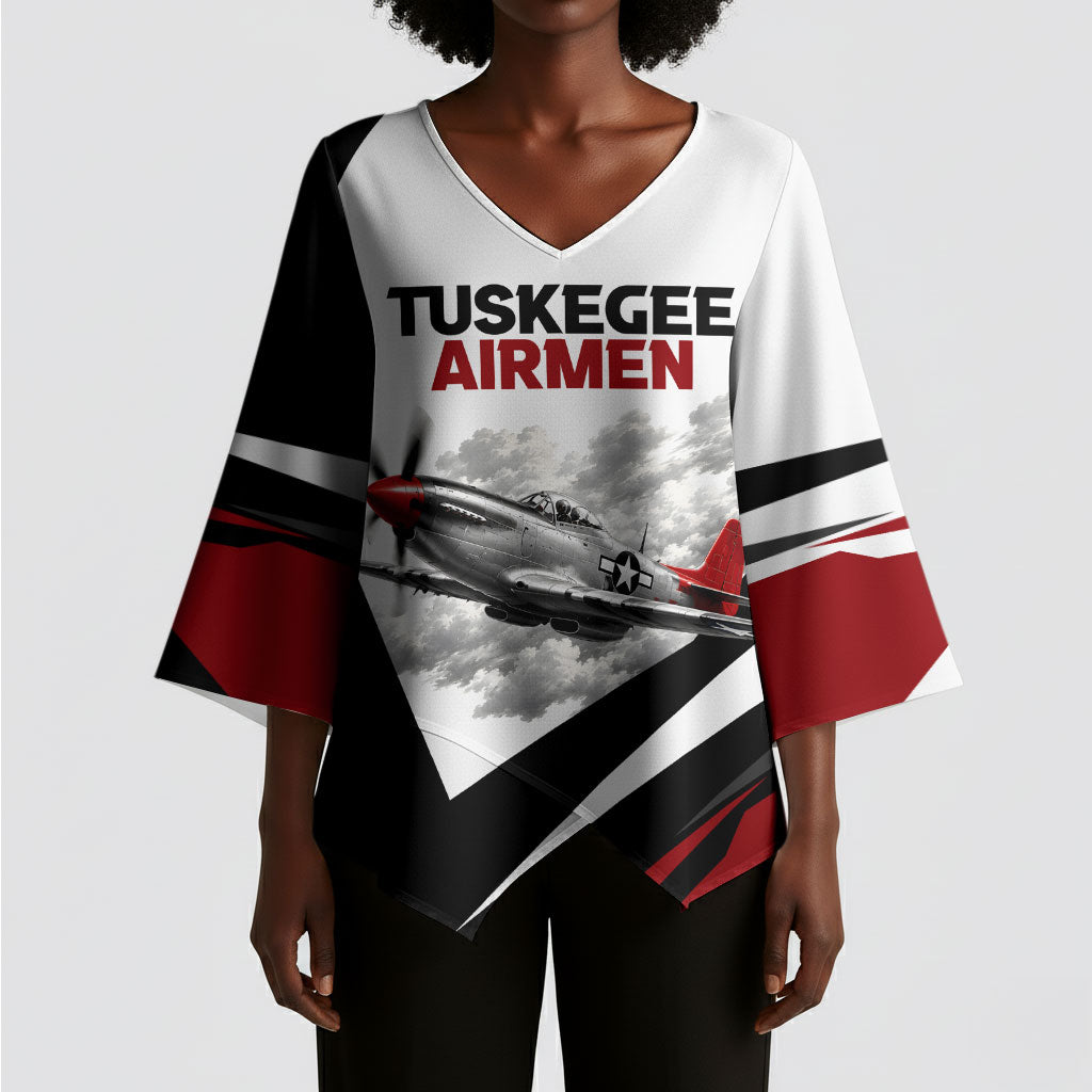 Personalized Tuskegee Airmen Kimono Sleeve Blouse Red Tails P-51 Mustang WWII Aviation Never Quit